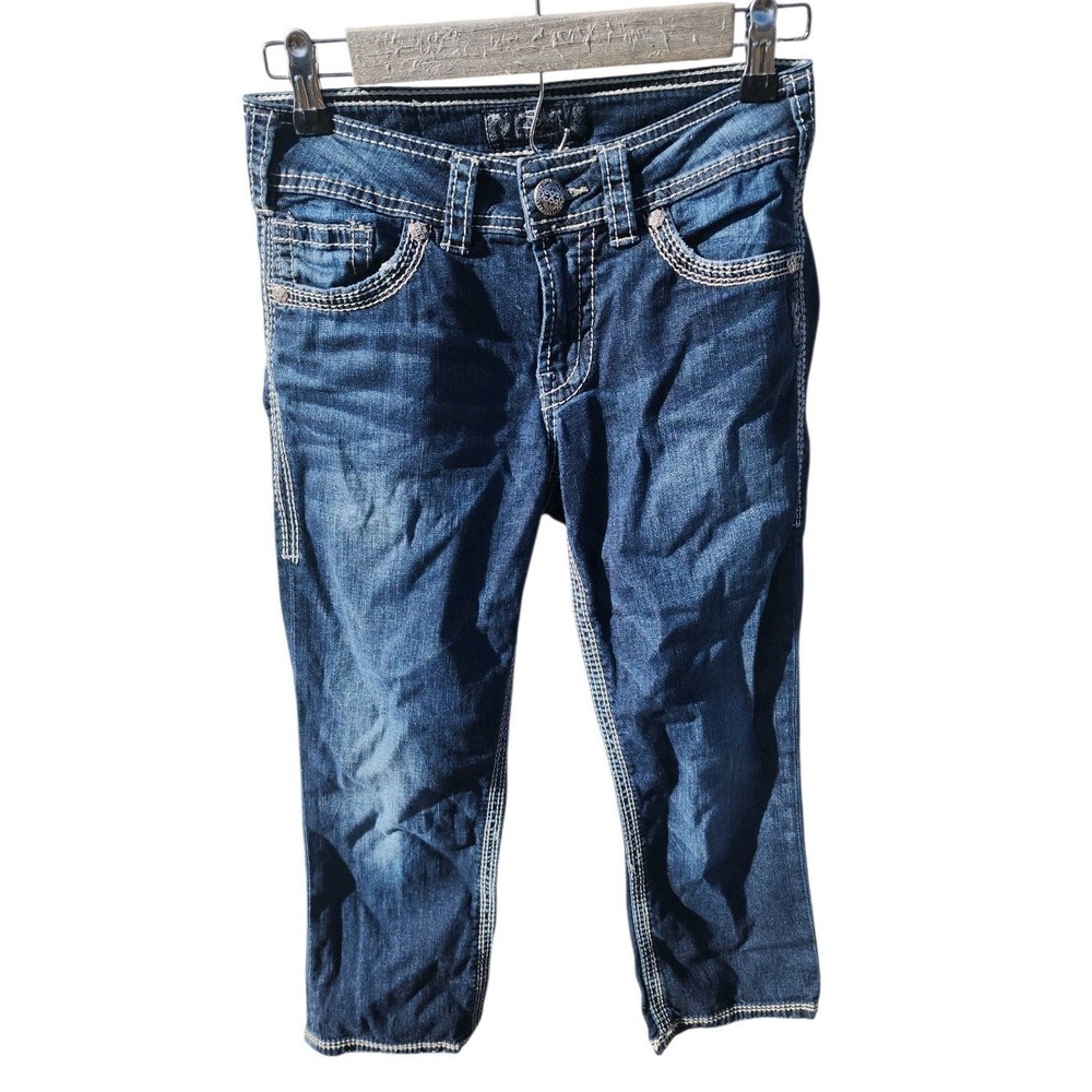 Silver Jean Co Suki Capri Jeans Women 26 Blue Distressed Stretch Denim Embroider